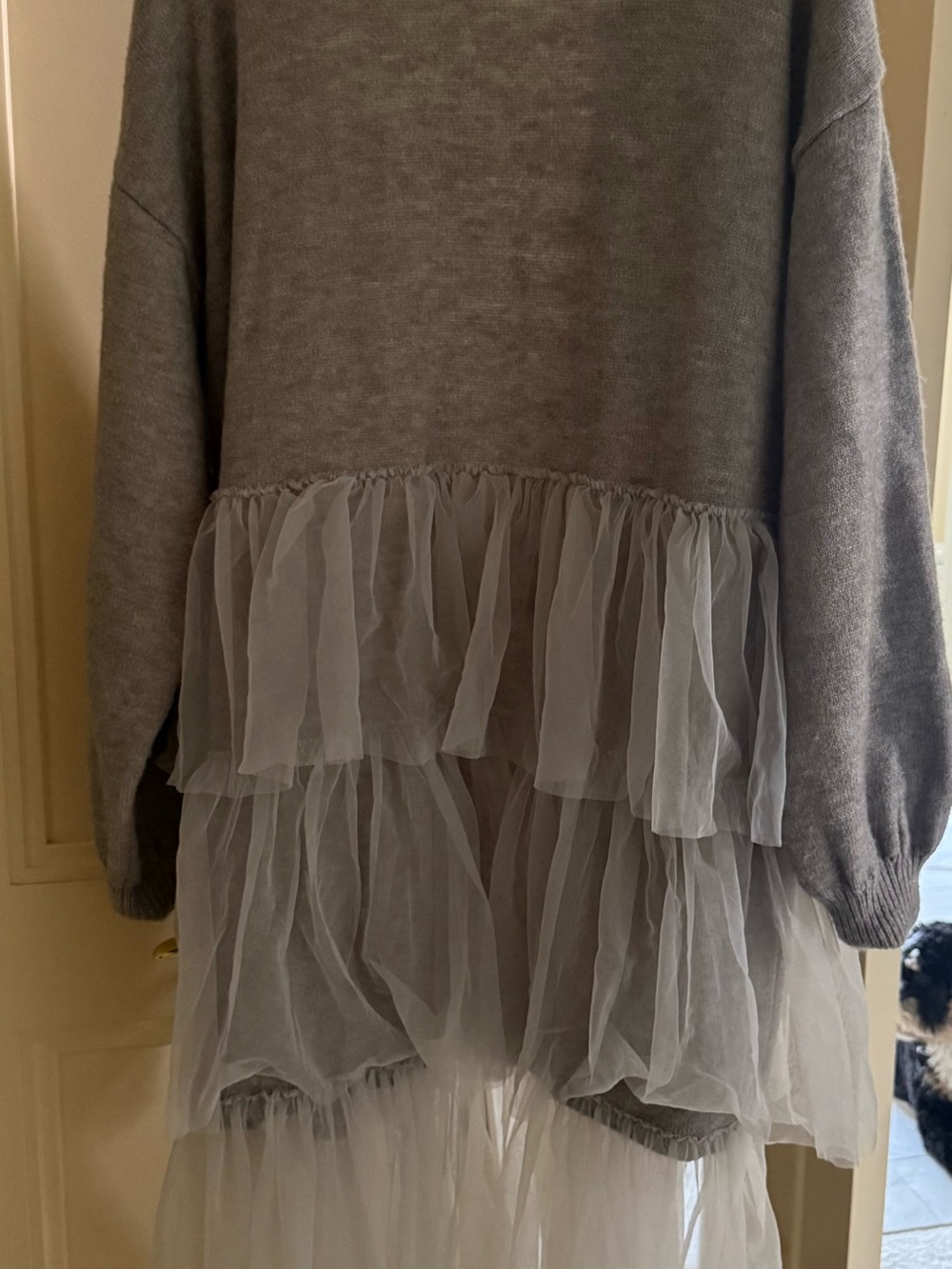 Light Gray Open-Front Cardigan with Tulle Tiered Hem - Picture 3 of 3